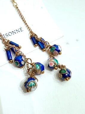 Handmade Blue Floral Cloisonné Dangle Earrings -